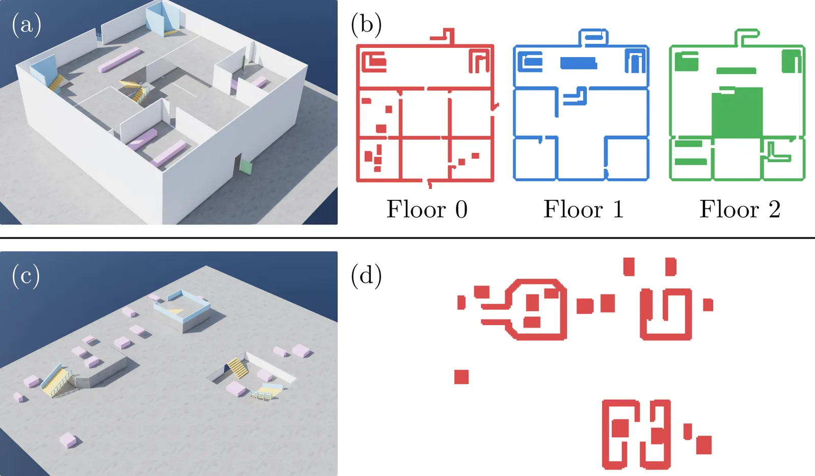 Procedurally generated tiles and their occupancy grids: a multi-story building and a multi-level outdoor environment.